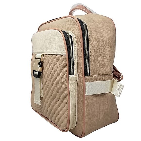 Double zip Square Top Tan and Cream backpack purse - Picture 5 of 9